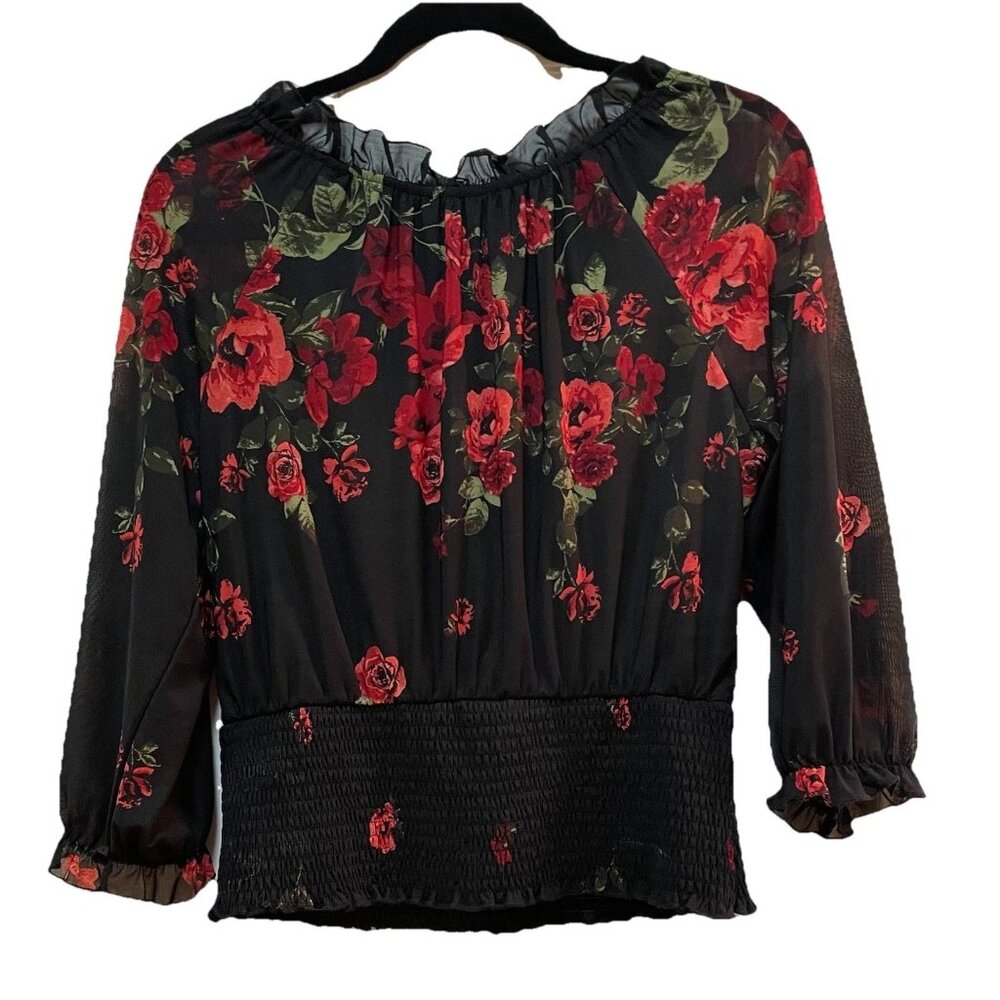 EMBER Black Rose/Floral Balloon Sheer 3/4 Length Sleeve Shirt Sz M - Picture 8 of 8